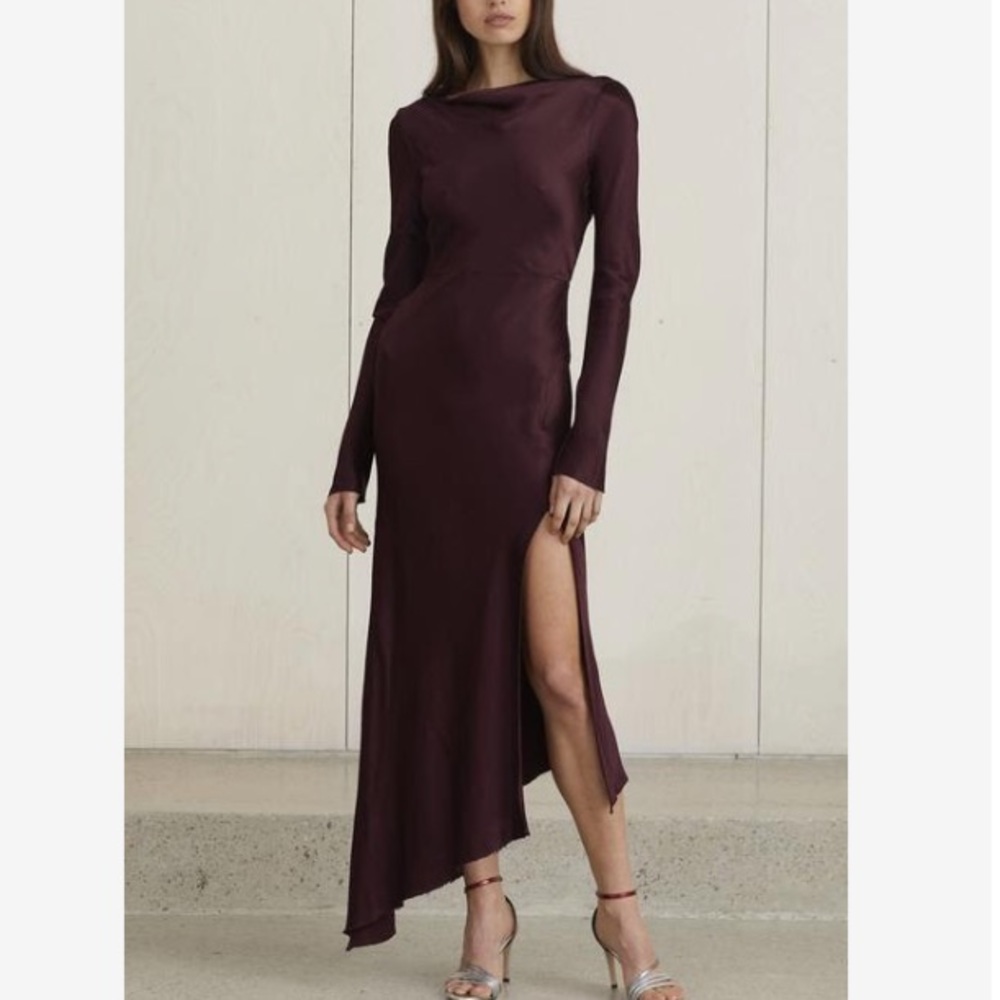Bec & Bridge Moon Dance Satin Long Sleeve Midi Dress Plum